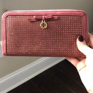 Tory Burch zipper suede wallet with gold crystals
